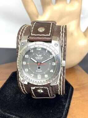 Vostok Men's Watch Lunokhod Automatic Gray Dial Day & Night Wide Leather 37mm